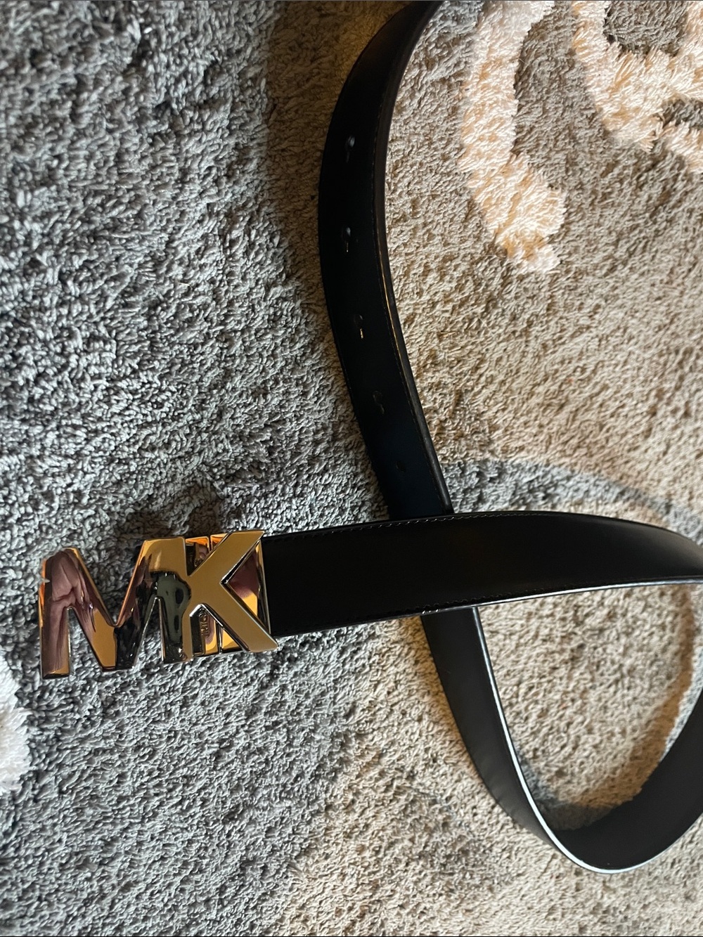 Michael Kors Black Leather Belt with Gold MK Logo Buckle